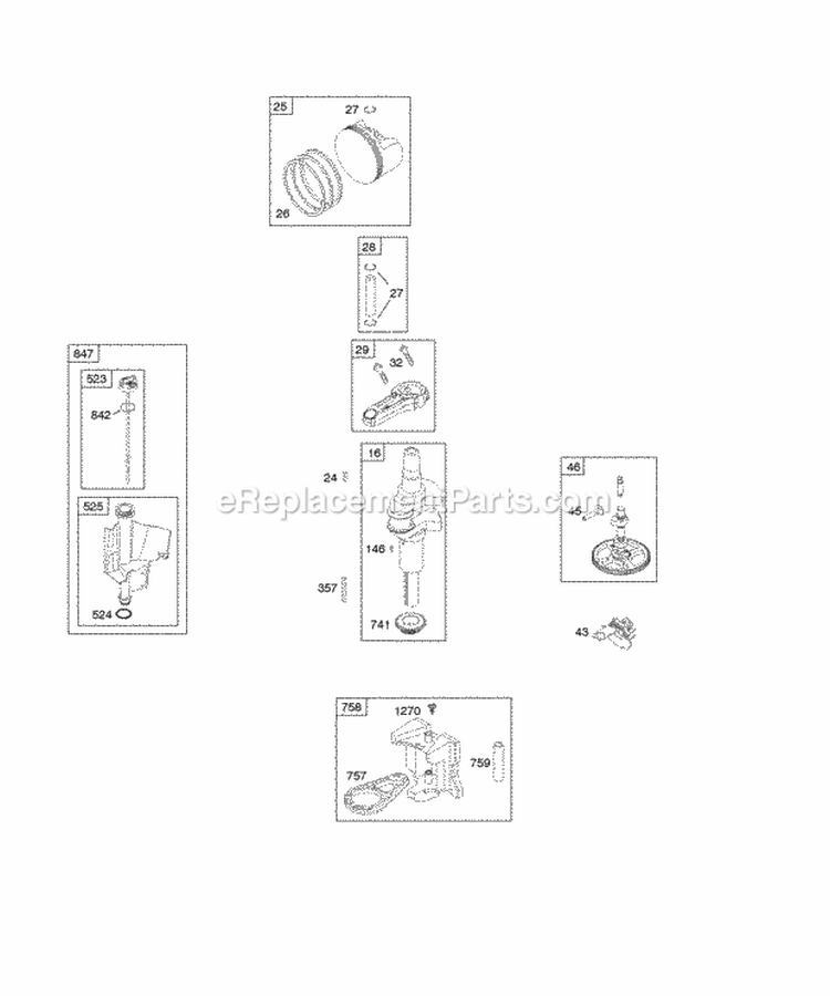 Camshaft Crankshaft Lubrication Piston Rings Connecting Rod Diagram and Parts List for 215972-0112-E9  Briggs and Stratton Engine